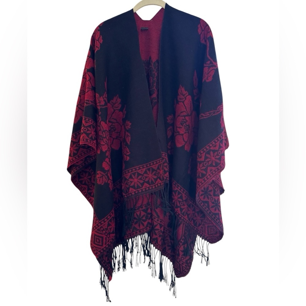 Black and Red Floral Shawl With Fringe One Size